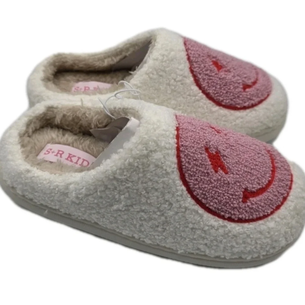 Smiley Face Plush Slippers Retro Soft Size 10 11 12 2 House Shoes Slip On Barbie